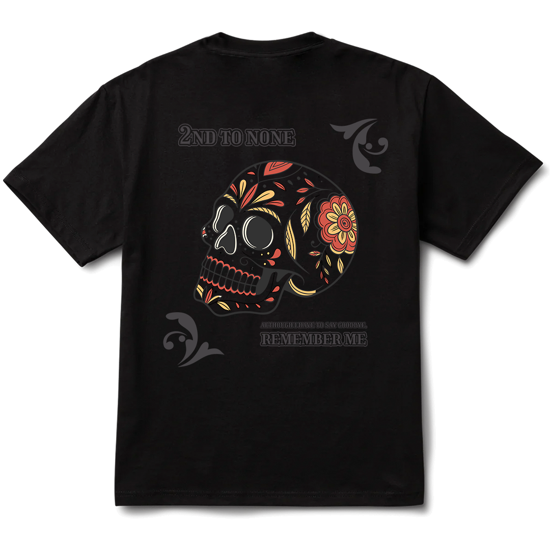Black t-shirt with a colorful skull design and text on a white background