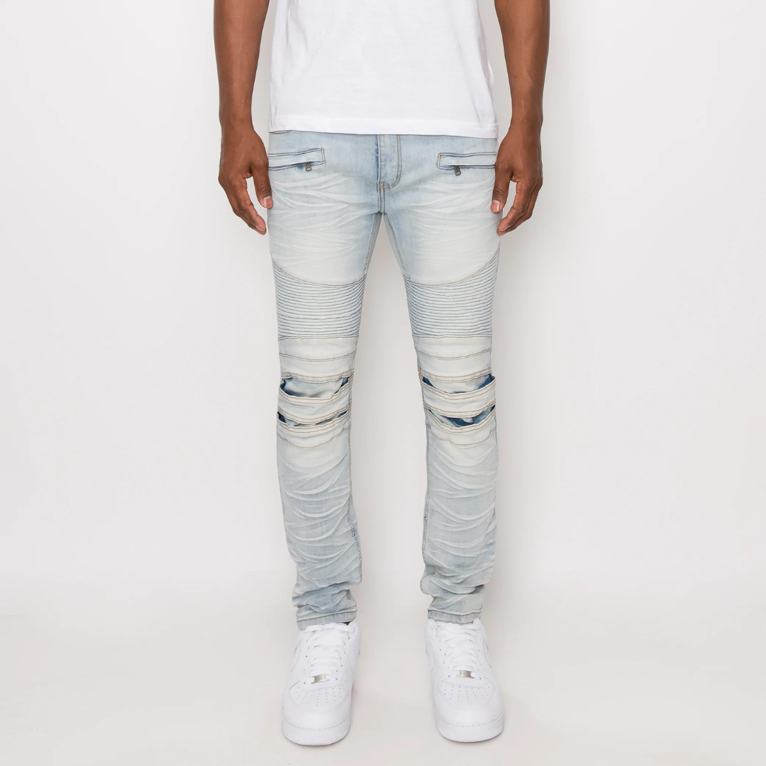 Victorious CREASED BIKER DENIM JEANS (CLOUD BLUE)