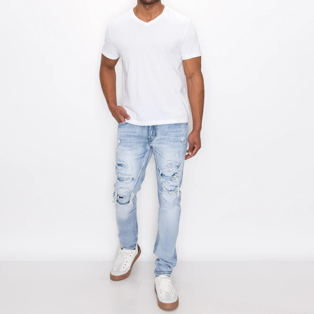 Victorious DISTRESSED RIP & REPAIR DENIM JEANS (LT. INDIGO)