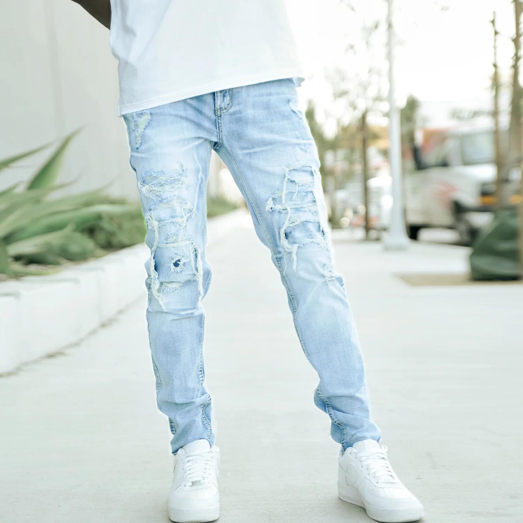 Victorious DISTRESSED RIP & REPAIR DENIM JEANS (LT. INDIGO)