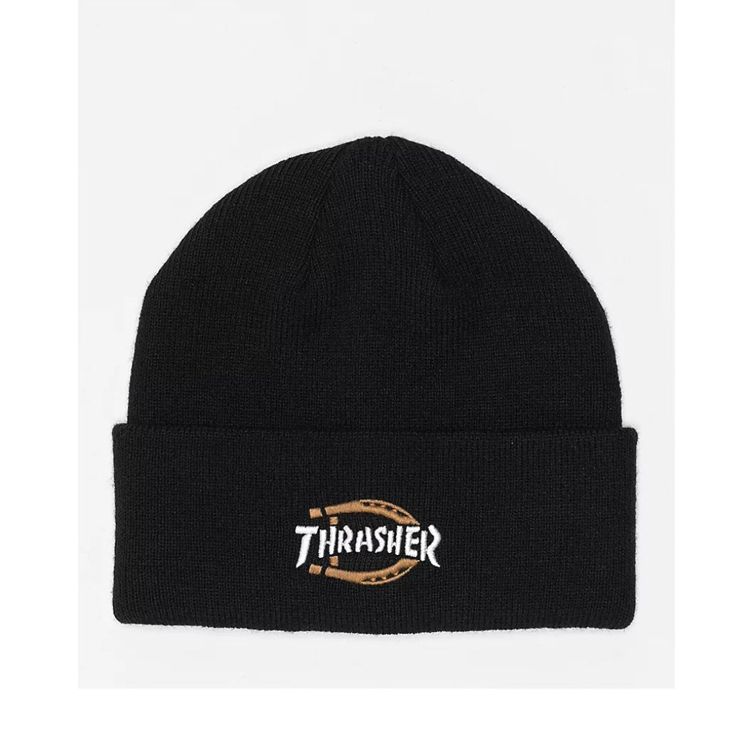 Black beanie with Thrasher logo on a white background from Official Dickies x Thrasher collaboration.