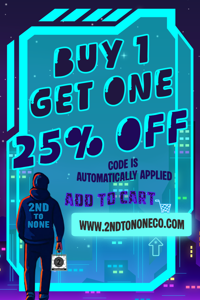Promotional graphic with text 'Buy 1 Get One 25% Off' and a person in a hoodie holding a product.