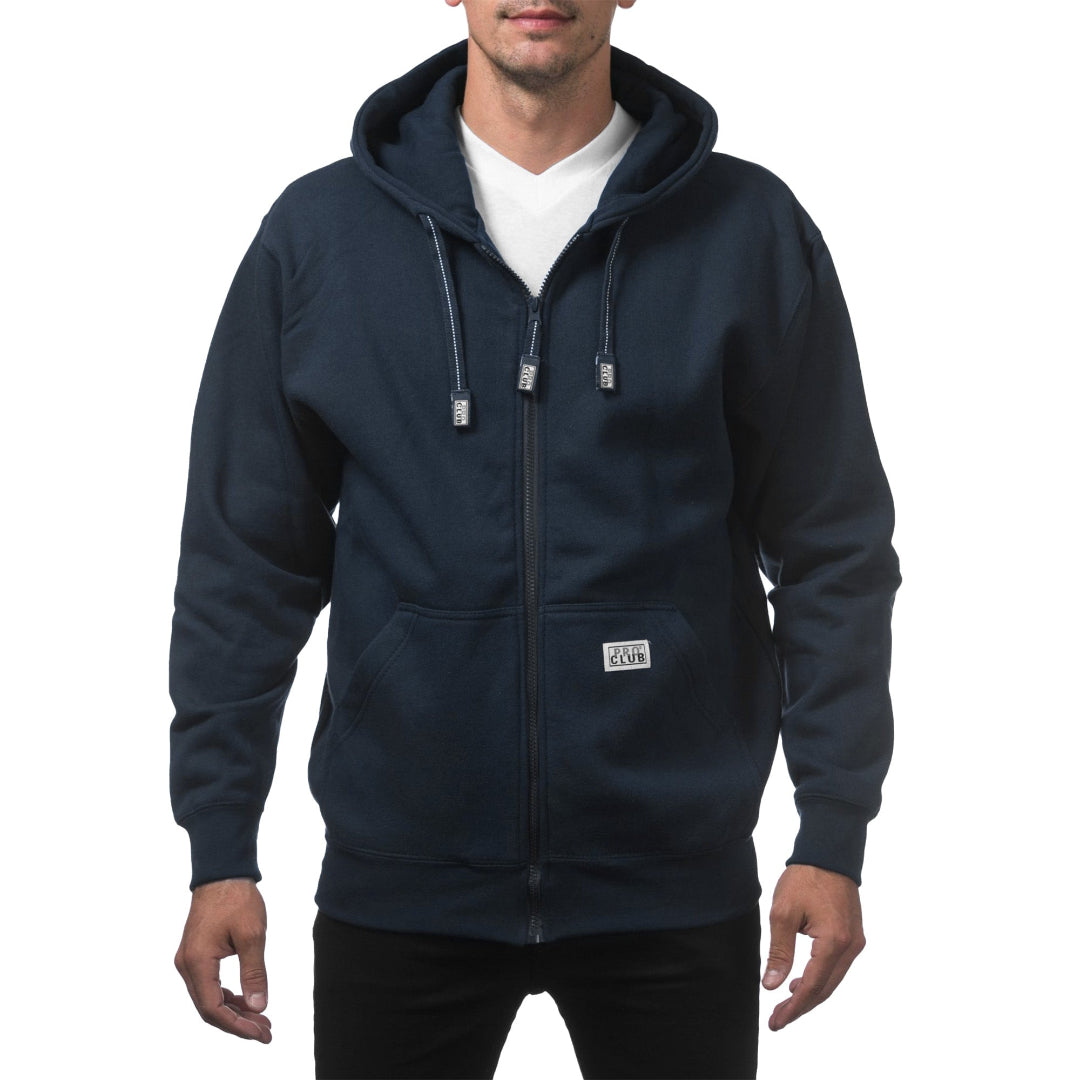 Navy blue hoodie with full zipper worn by a person on a white background