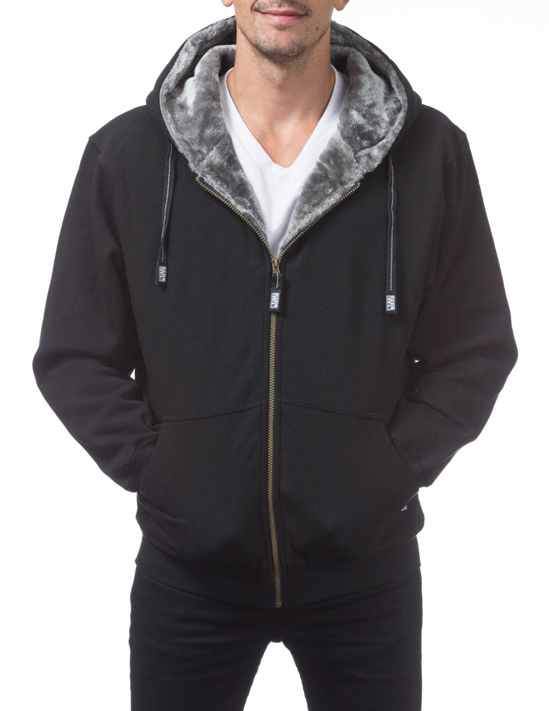 Black hoodie with gray fur lining on a white background
