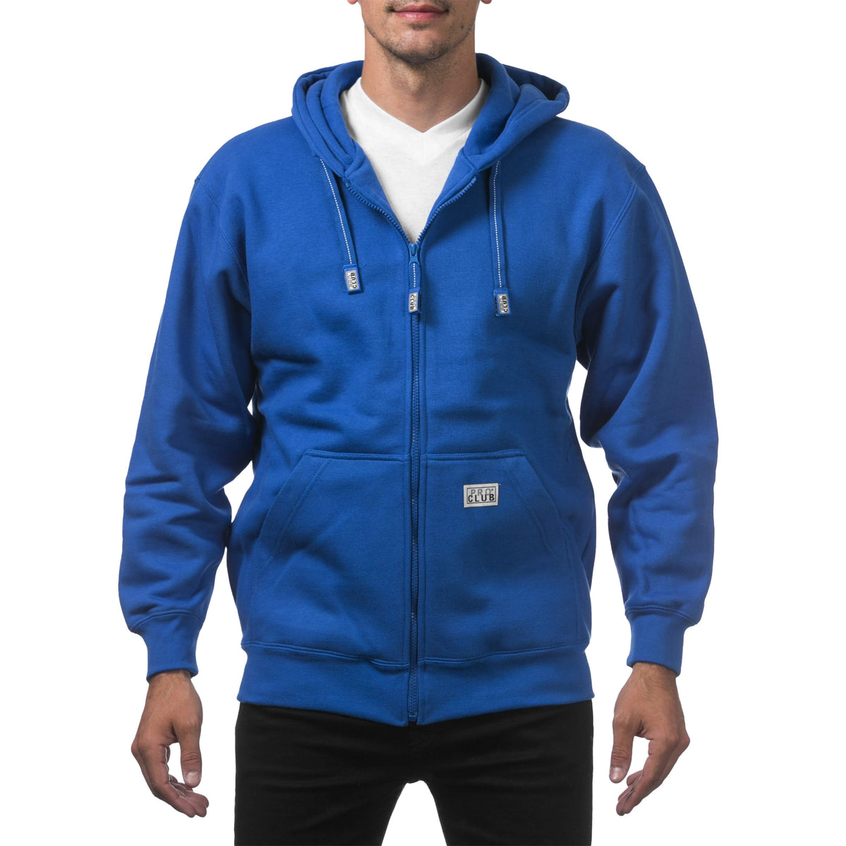 Blue zip up hoodie worn by a person on a white background