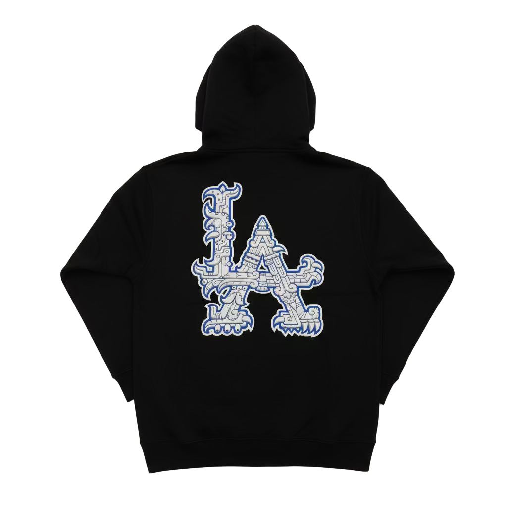 Black hoodie with a large white and blue 'LA' logo on the back.