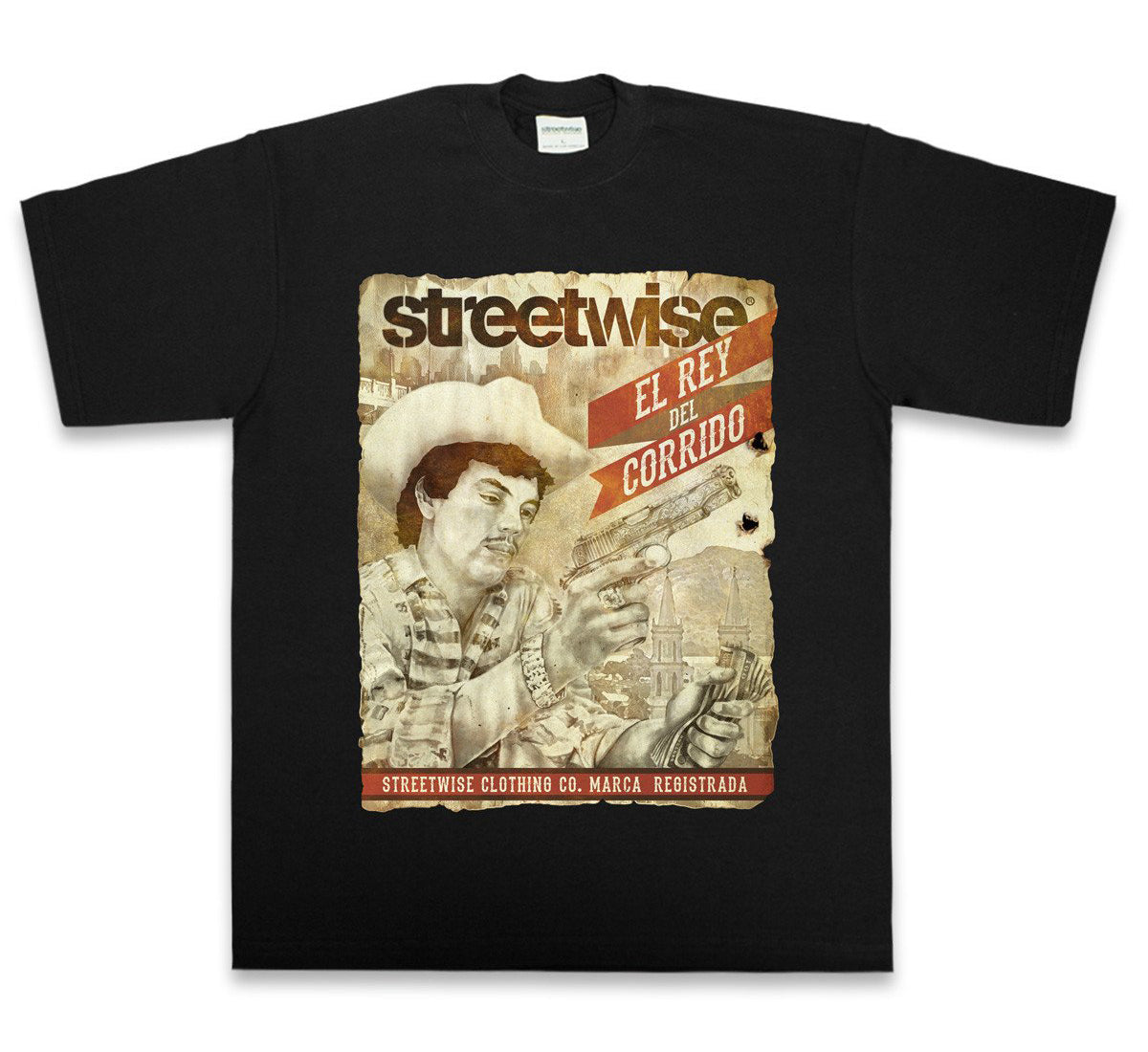 Black crew neck t-shirt with graphic print on the front featuring text and a character illustration.