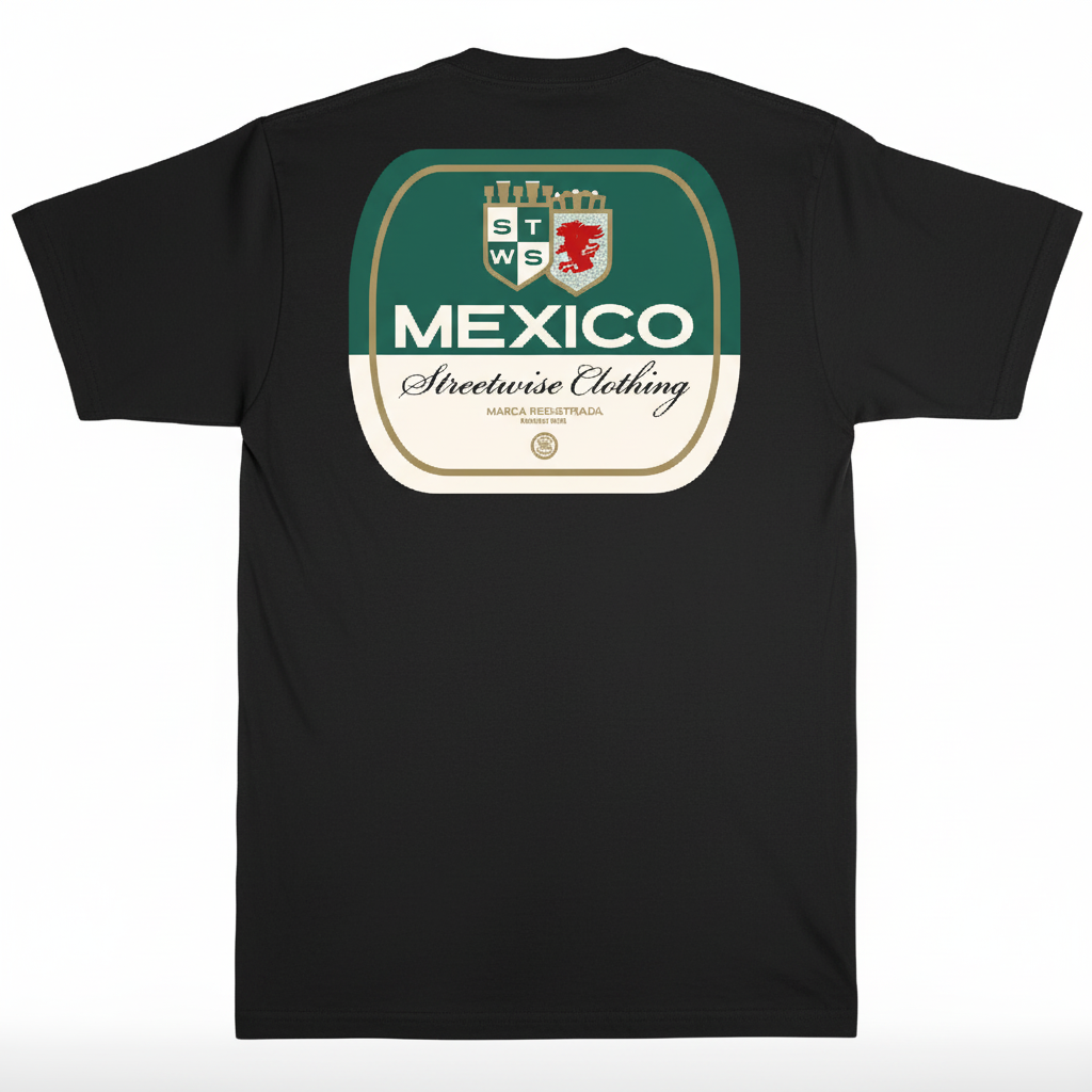 Black Streetwise t-shirt with a green and white label design on the back