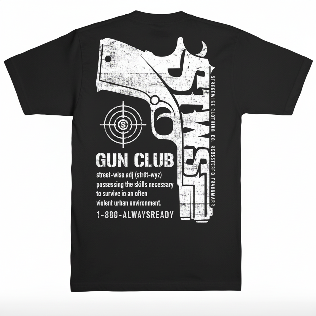 Streetwise black t-shirt with white graphic of a gun and text on a white background