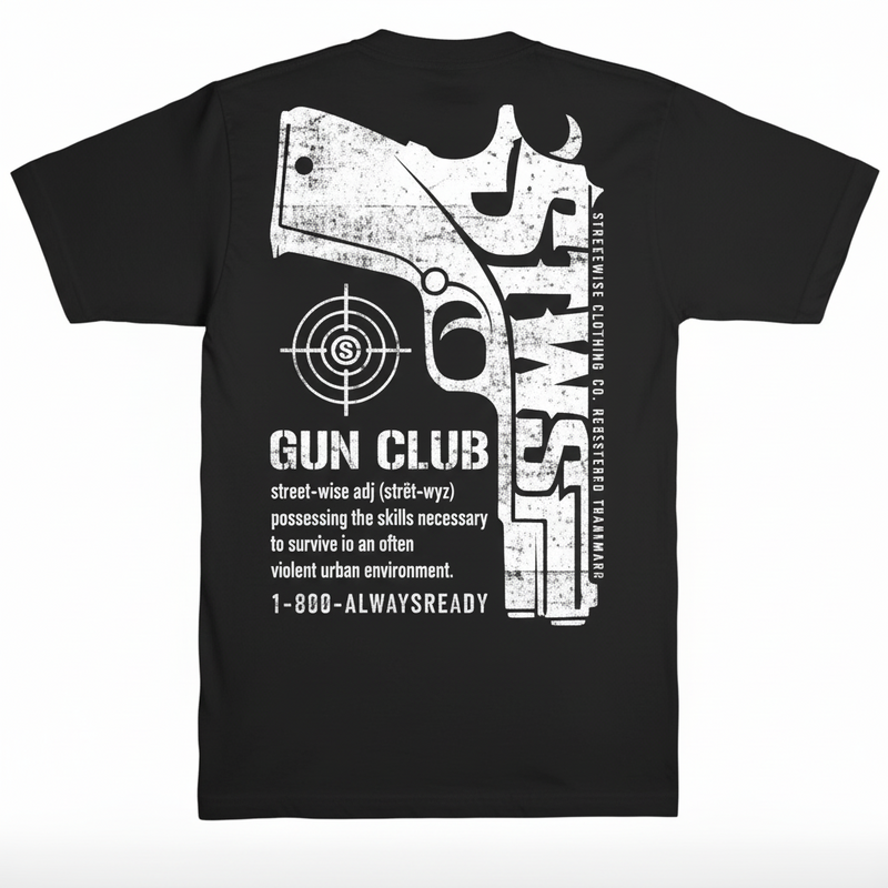 Streetwise black t-shirt with white graphic of a gun and text on a white background