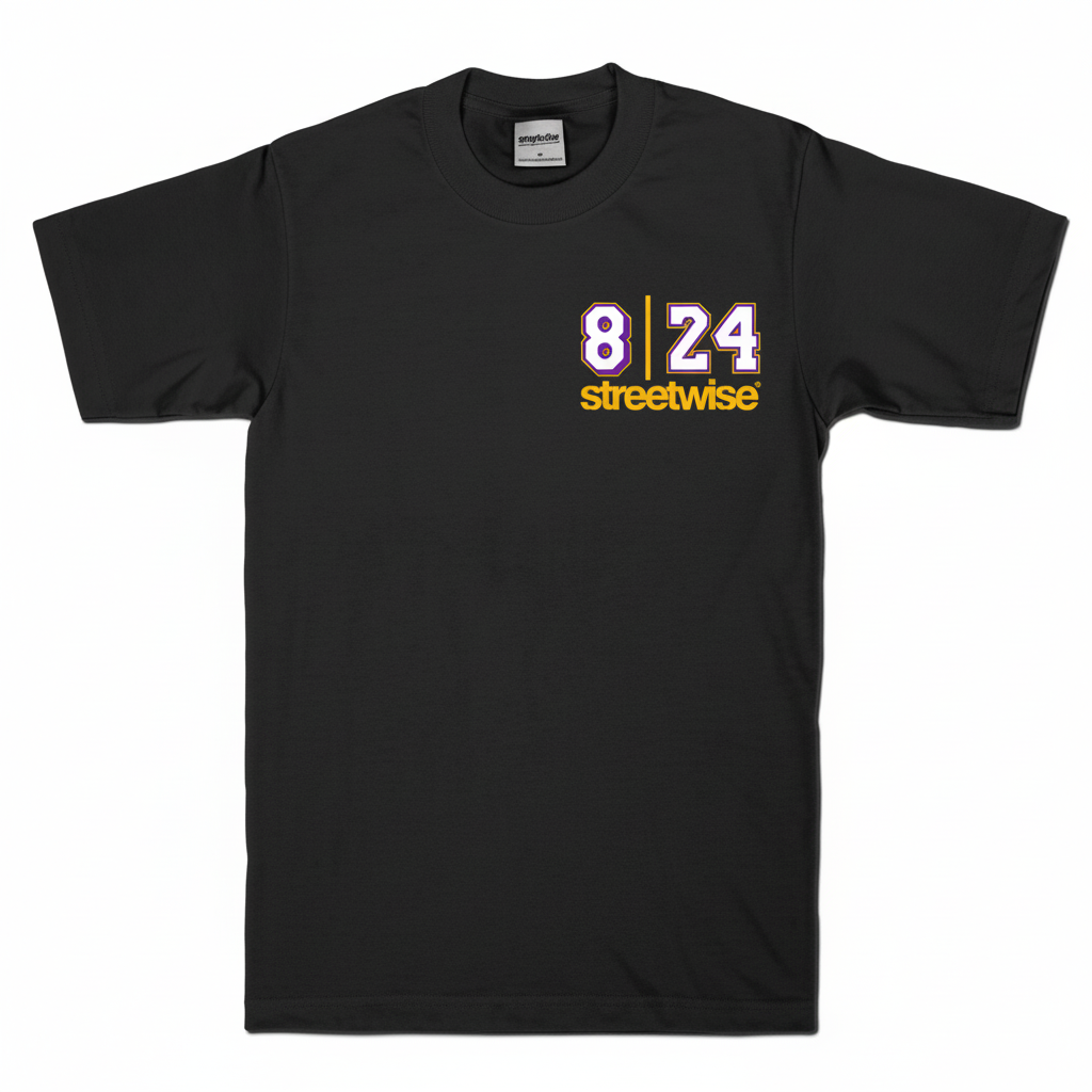 Black t-shirt with '8|24 streetwise' text on a white background