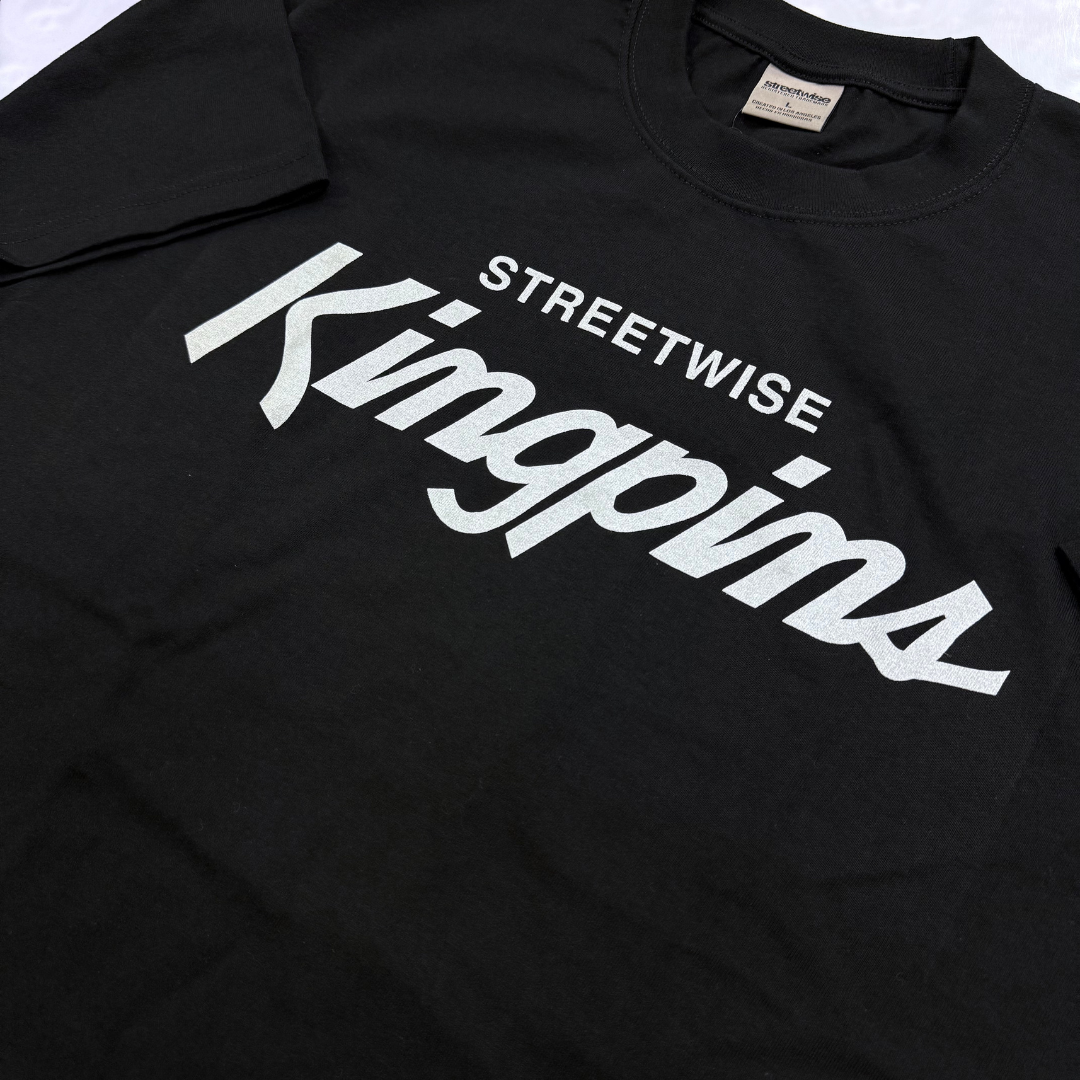 Black t-shirt with 'Streetwise Kingpins' text on a white background