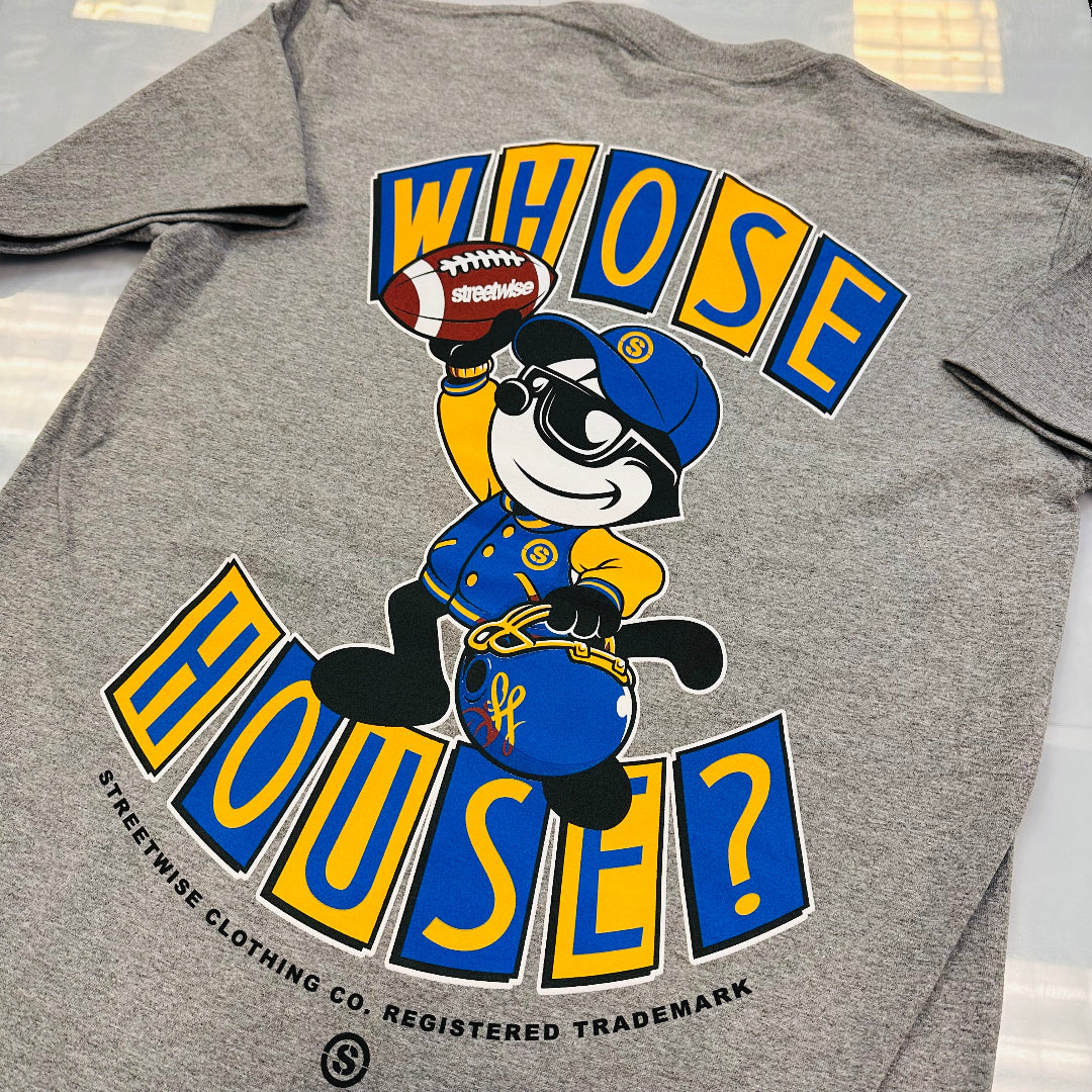 Streetwise Gray t-shirt with 'Whose House?' graphic design featuring a cartoon character and text.