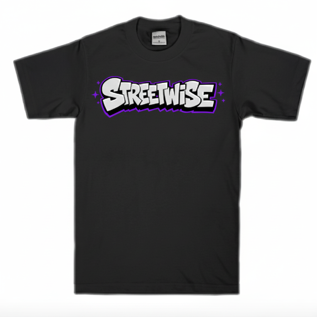 Black t-shirt with 'Streetwise' logo on a white background