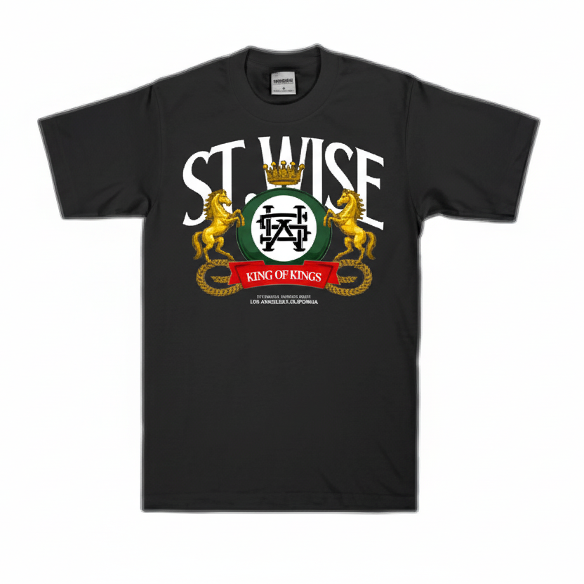 Black t-shirt with 'St. Wise' logo featuring horses and a crown on a white background