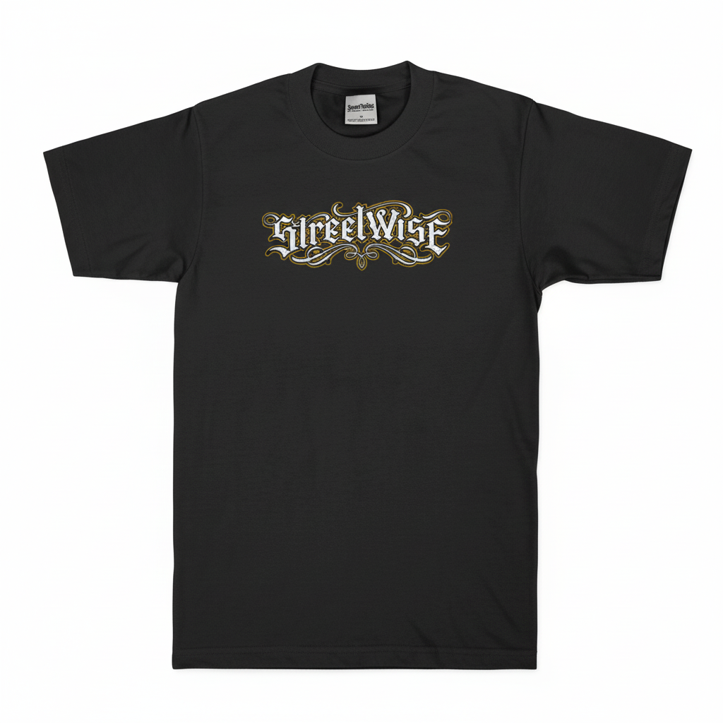 Black t-shirt with 'StreetWise' logo on a white background
