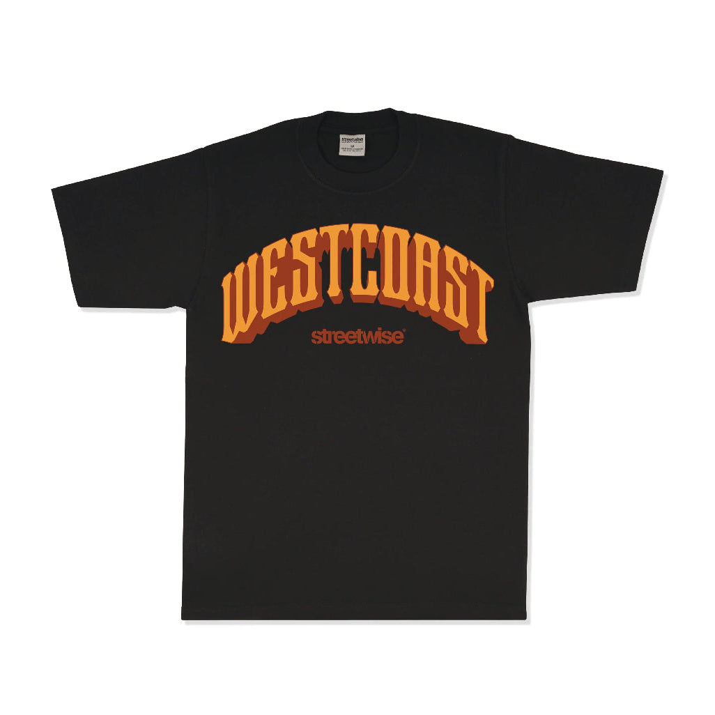 Black t-shirt with 'Westcoast streetwise' text in orange on a white background