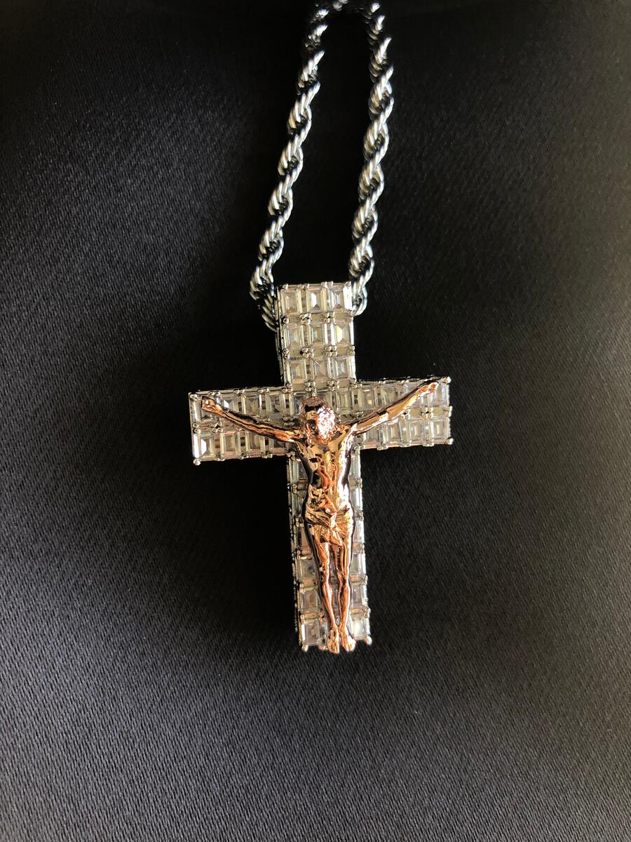 The Gold Gods Diamond Baguette Crucifix Cross Pendant & Rope Chain (+2 colors)