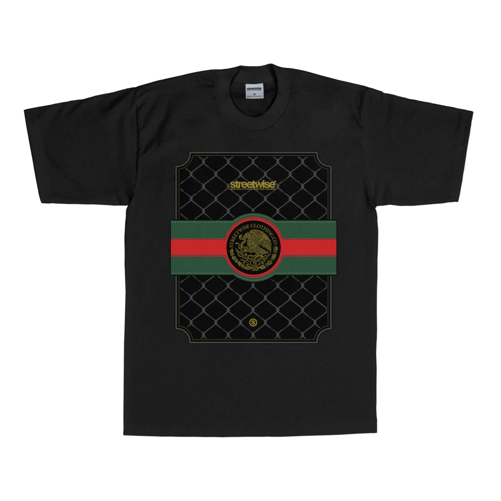 streetwise clothing brand t-shirt color black with green and red stripes going across the center of the shirt that resemble the gucci brand logo and in the center of the shirt (image) the mexican seal is palced. the image also has  