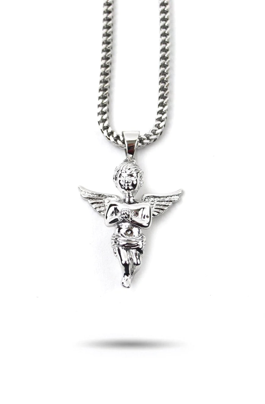 The Gold Gods Micro Angel Pendant Necklace Franco Chain 22" (White Gold)