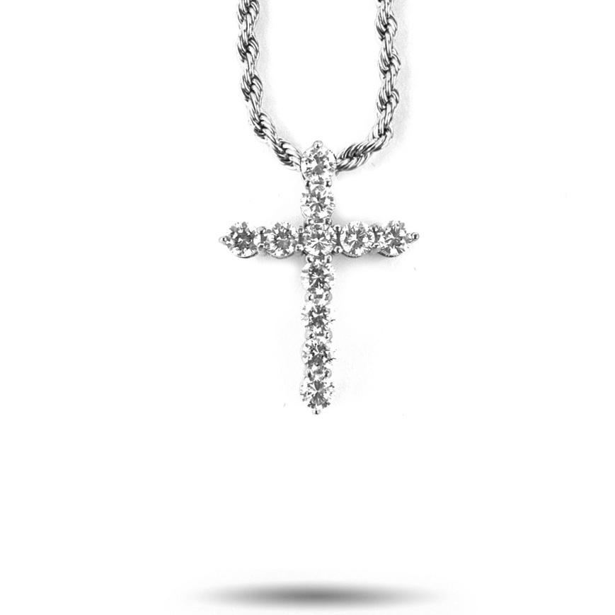 The Gold Gods Micro Diamond Cross Necklace in White Gold